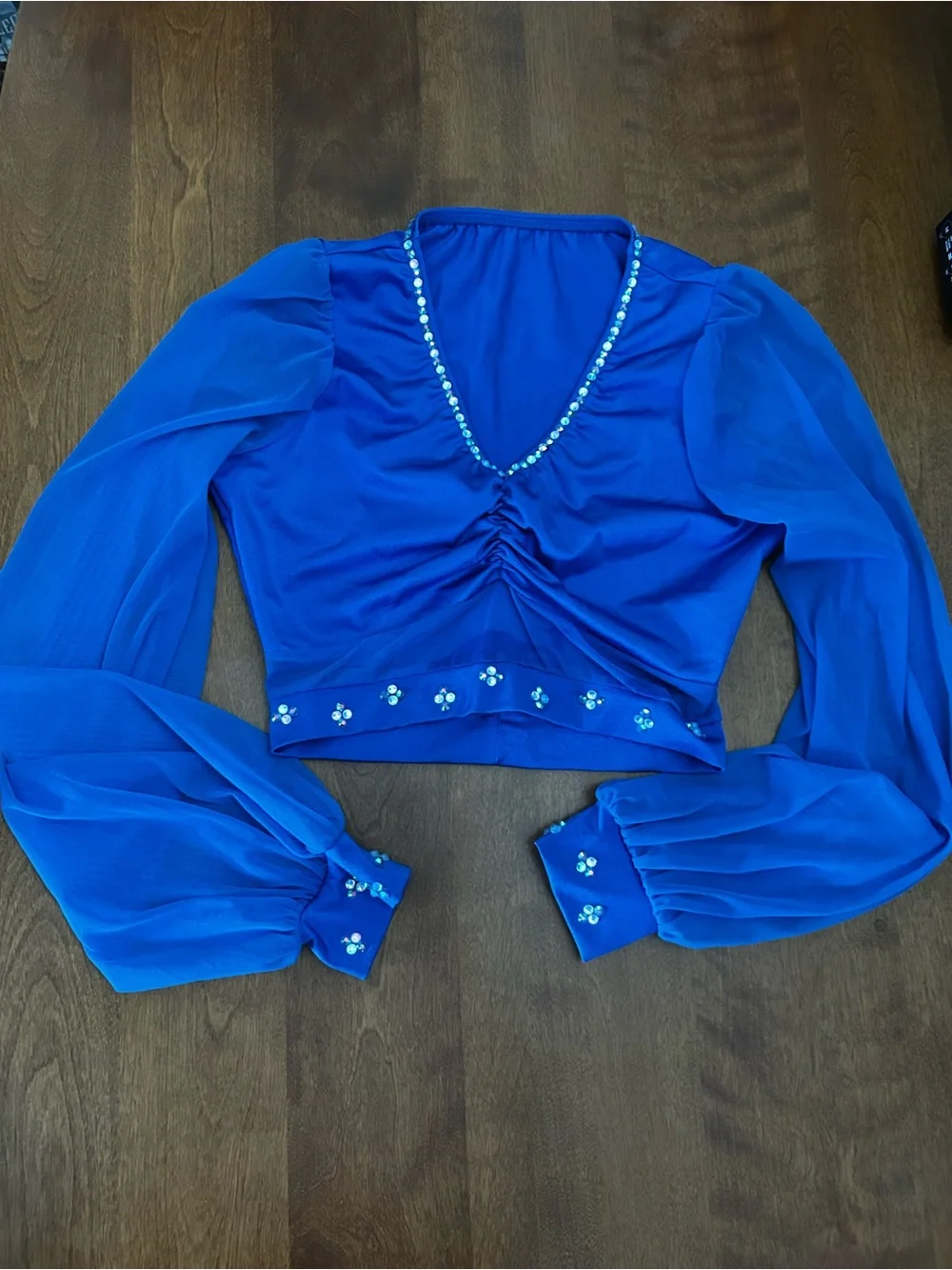 Kelle Ocean Eyes Stoned Sheer Royal Blue Dance Crop Top and Wrap Skirt Set